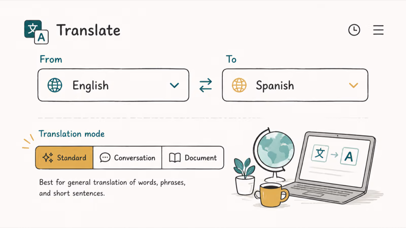 Translation app screen showing two language selectors and a translation mode picker side by side