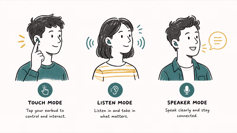 Three panels illustrating touch mode, listen mode, and speaker mode for translation earbuds in conversation