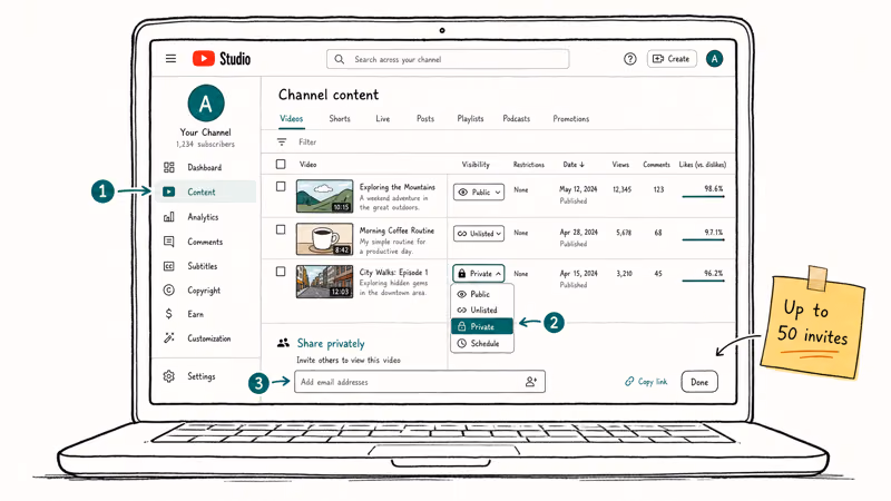 Hand-drawn YouTube Studio screen with three numbered taps to share a private video and an invite limit tag
