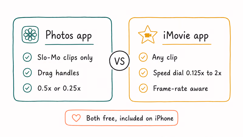 iPhone built-in slowdown comparison Photos app slo-mo only versus iMovie any clip speed dial