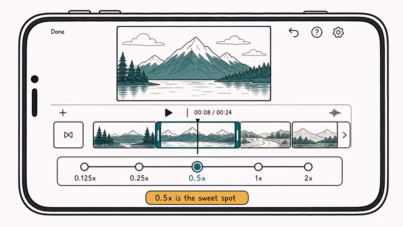 iMovie editing screen with speed dial set to half speed highlighted in teal for slowdown