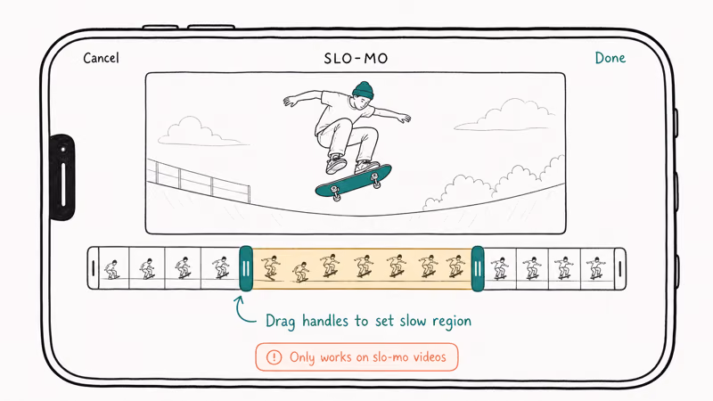 Photos app slo-mo editing timeline with two teal drag handles bracketing the slowed region amber