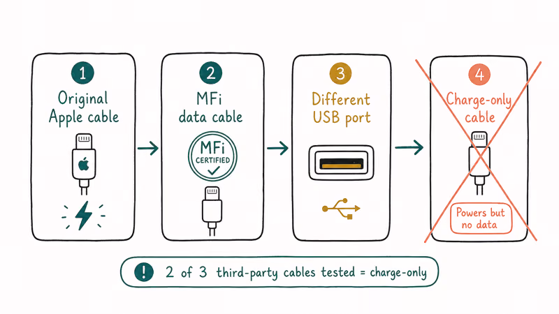 Cable swap order Apple original MFi data and different USB port with charge only card crossed out