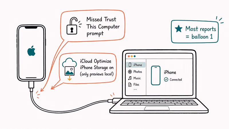 iPhone USB to PC with two coral causes missed Trust prompt and iCloud Optimize storage on