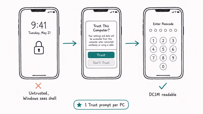 Three iPhone screens locked to Trust prompt to passcode entry showing DCIM becomes readable