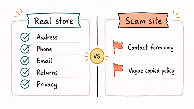 Checklist comparing a real store contact page against a scam site missing real policies