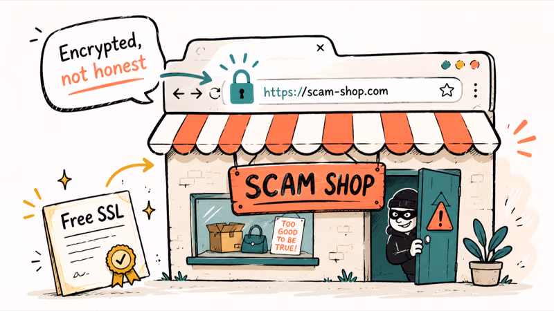A padlock icon on an encrypted website that is still a fraudulent scam store