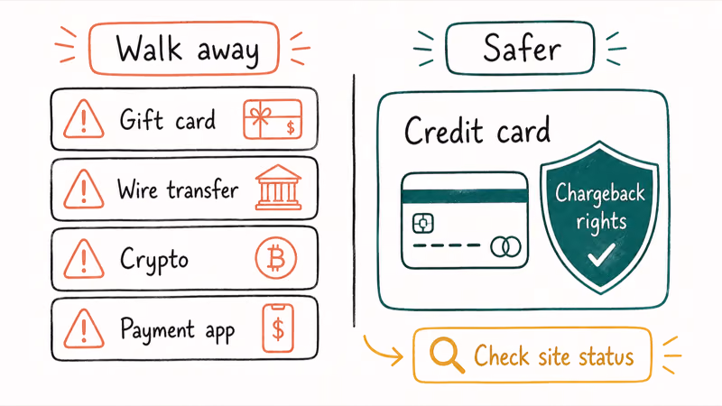 Payment screen contrasting risky gift card and crypto demands with safer credit card use