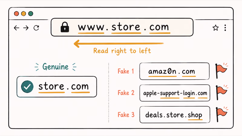 Hand drawn browser address bar comparing real brand domain against misspelled and odd extension fakes