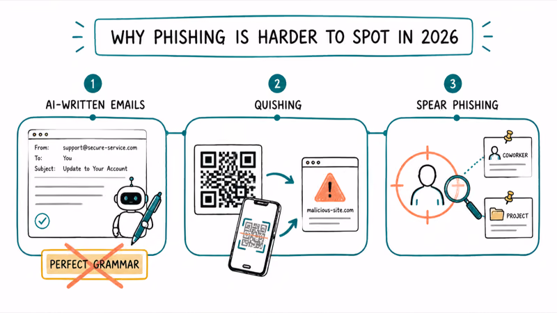 Modern 2026 phishing tactics including an AI written email, a QR quishing code, and spear phishing