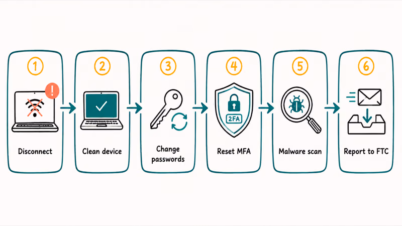 Recovery steps after clicking a phishing link, disconnecting device, resetting passwords, and reporting the email