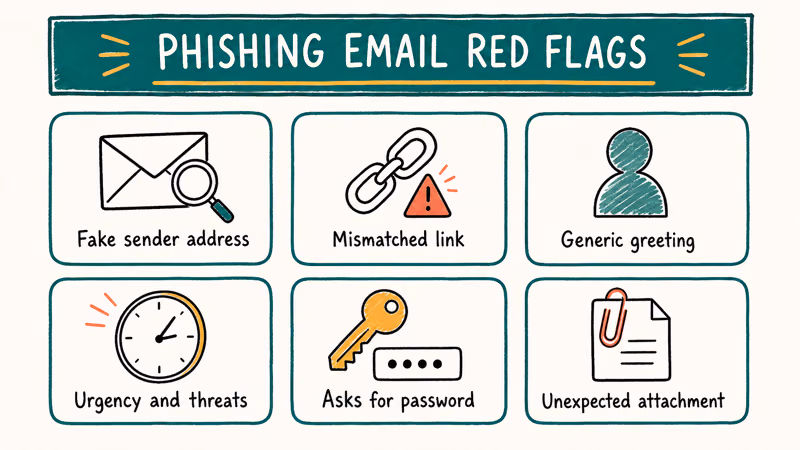Common phishing email red flags arranged as labeled warning cards including sender, link, and urgency