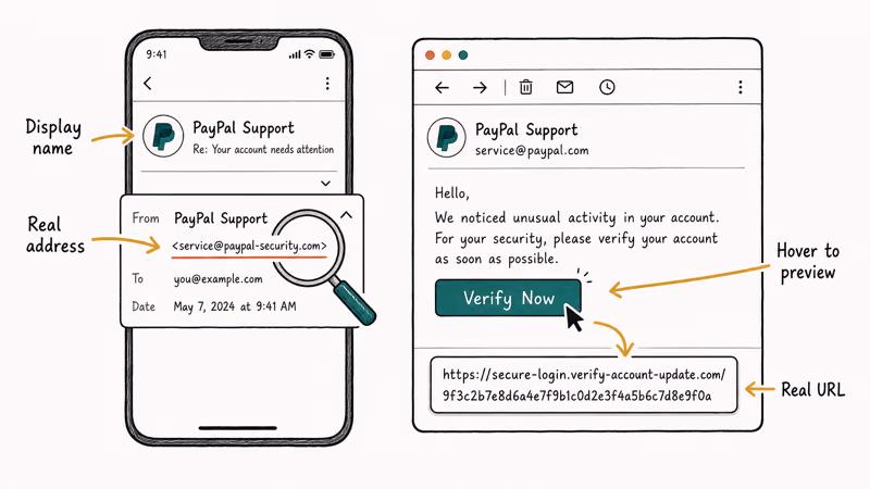 Checking a sender email address on a phone and hovering a cursor to reveal a hidden link
