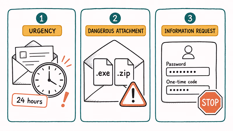 Three phishing warning signs showing an urgency timer, a risky attachment file, and a password request