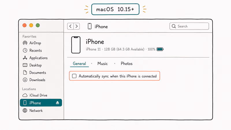 Hand-drawn macOS Finder window with iPhone selected and automatic sync checkbox unchecked under General tab.