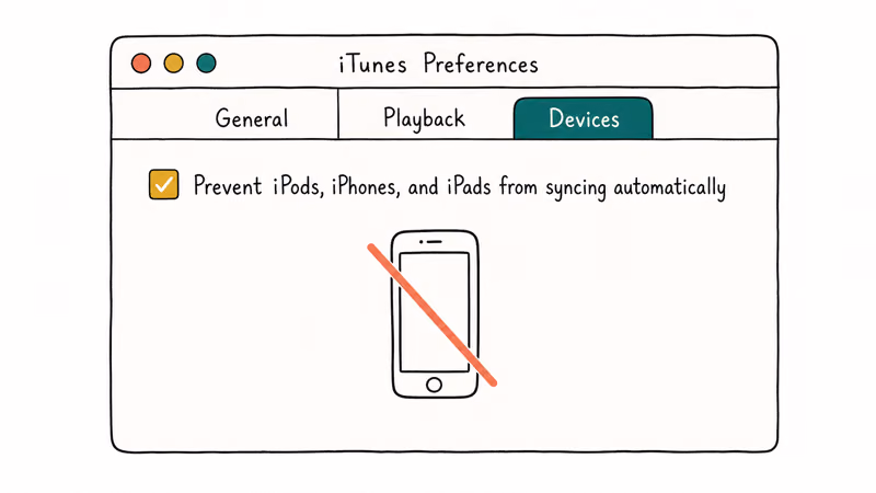 Hand-drawn iTunes Devices preferences pane with auto-sync prevention checkbox checked and iPhone slashed icon below.