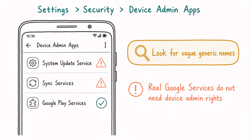Android Settings device admin screen showing how to spot suspicious mSpy disguised apps with vague generic names