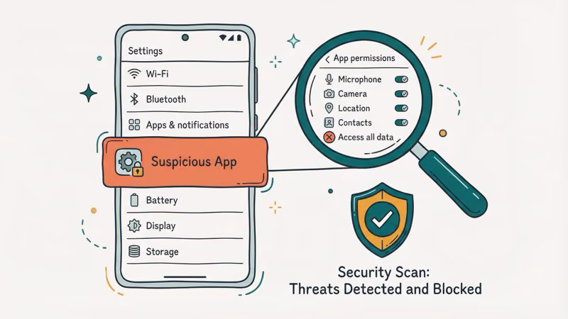 Android settings screen highlighting a suspicious app with magnifying glass and security shield