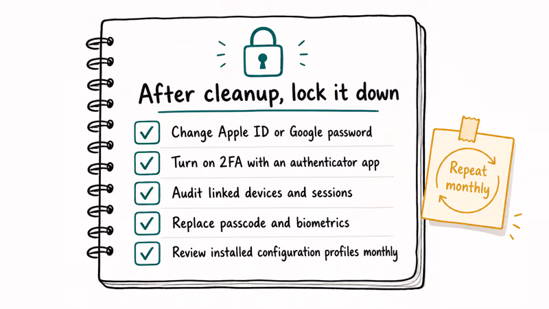 Hand drawn five point security hardening checklist for locking down accounts after removing mSpy spyware
