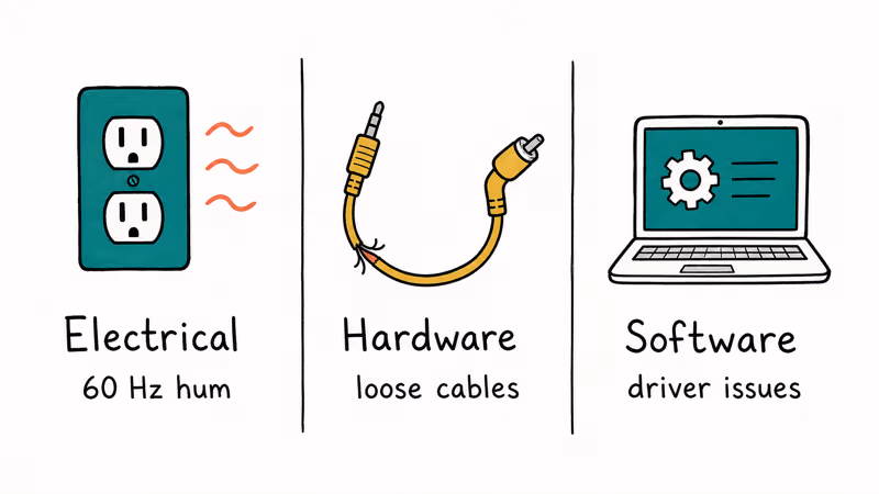 Hand drawn diagram comparing electrical hardware and software causes of speaker buzzing on desk.