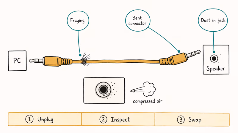 Hand drawn audio cable with callouts highlighting fraying bent connector and dust contact issues.