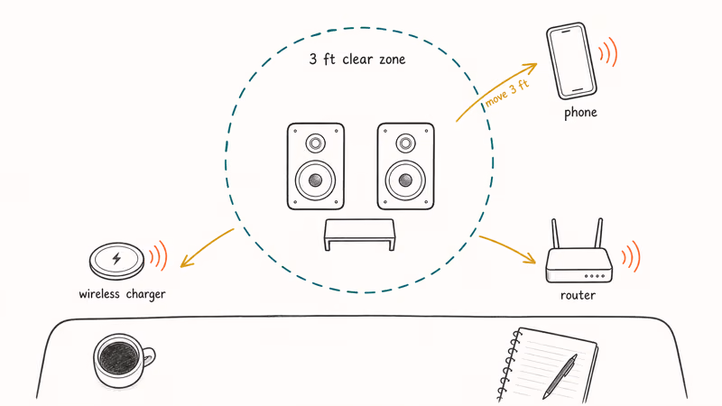 Hand drawn top down desk showing three foot clearance from phone router and wireless charger.