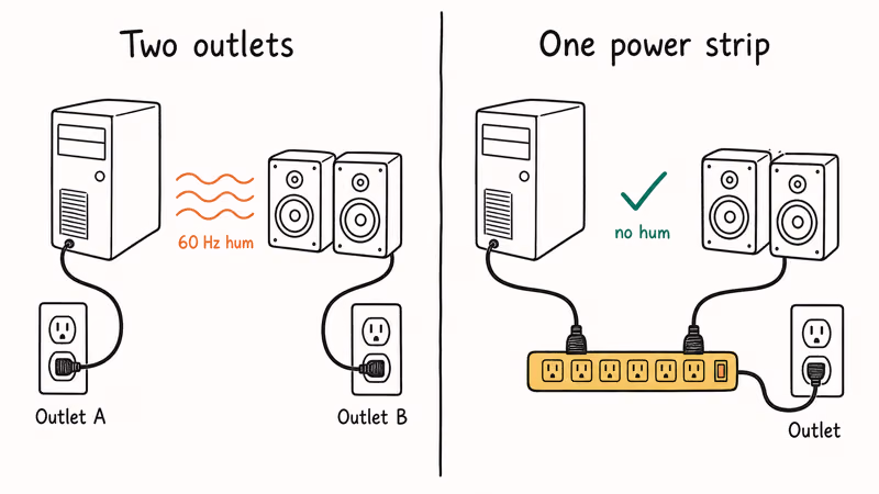 Hand drawn comparison of two outlet ground loop versus single power strip fix for speakers.