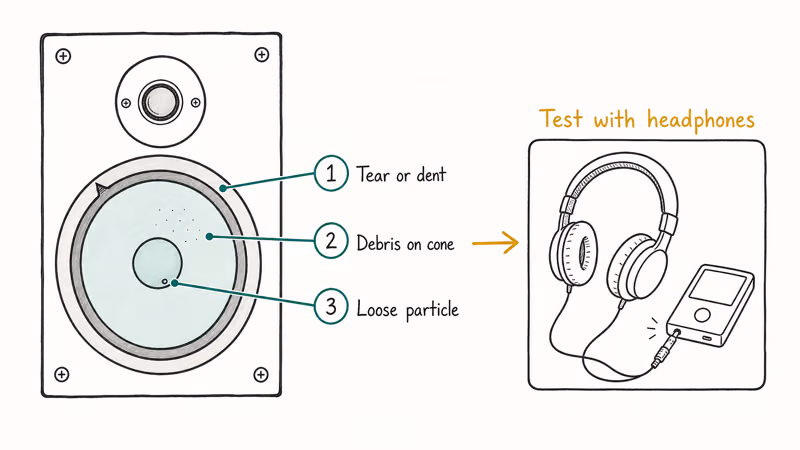 Hand drawn speaker cone inspection with callouts for tears debris and headphone cross check test.