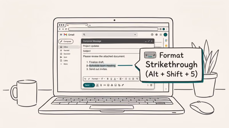 Gmail compose window with selected text and keyboard shortcut Alt+Shift+5 labeled for strikethrough