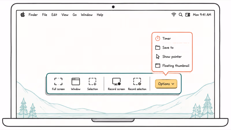 Mac Screenshot toolbar from Shift-Command-5 with capture modes and an Options menu