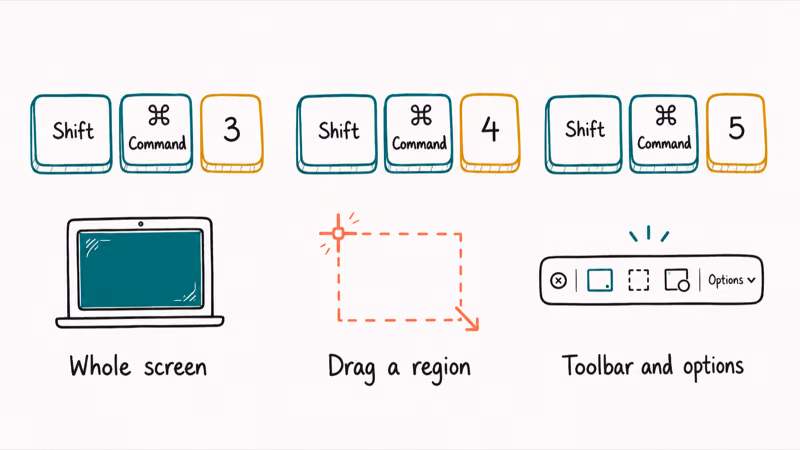 Three core Mac keyboard shortcuts for full screen, region, and toolbar capture