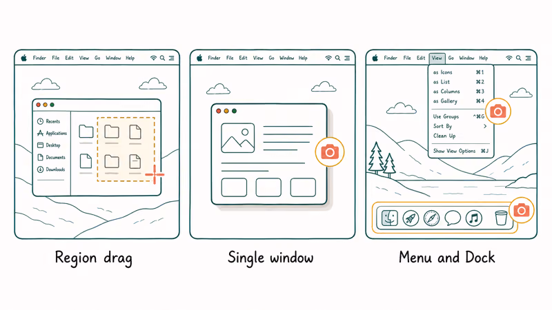 Region, single window, and menu capture options illustrated for Mac screenshots