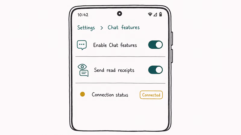 Google Messages Chat features page on Android with Enable Chat features and Send read receipts toggles both on.