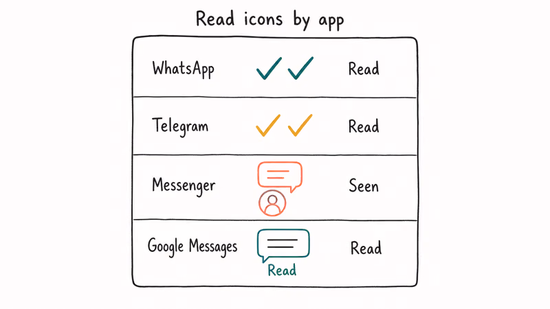 Four row legend showing read receipt icons for WhatsApp Telegram Messenger and Google Messages each labeled clearly.