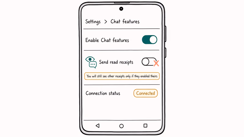 Google Messages Chat features Send read receipts toggle off with caption about still seeing others receipts.
