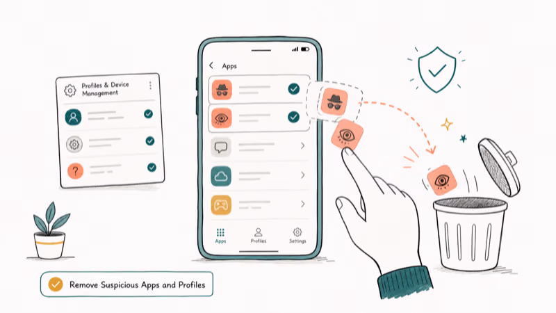 Hand-drawn illustration: Remove Suspicious Apps and Profiles