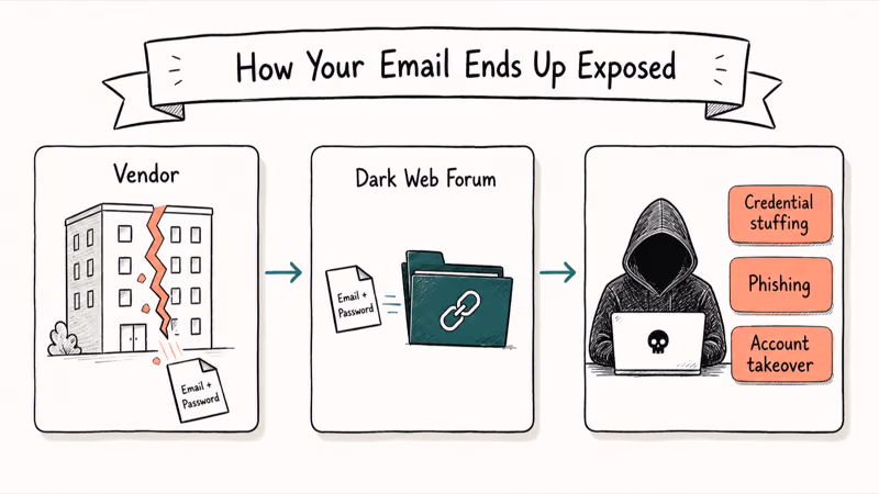 Hand-drawn three stage flow showing a vendor data breach reaching dark web forums and reaching attackers.