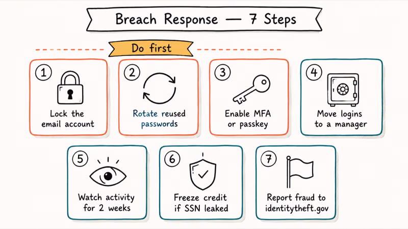 Hand-drawn seven step response checklist for what to do after a confirmed email data breach.