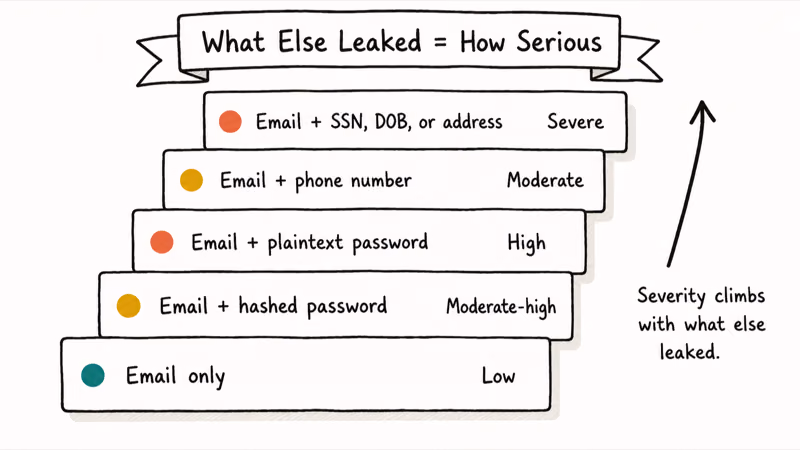 Hand-drawn severity ladder ranking email exposure types from email only up to email with social security number.