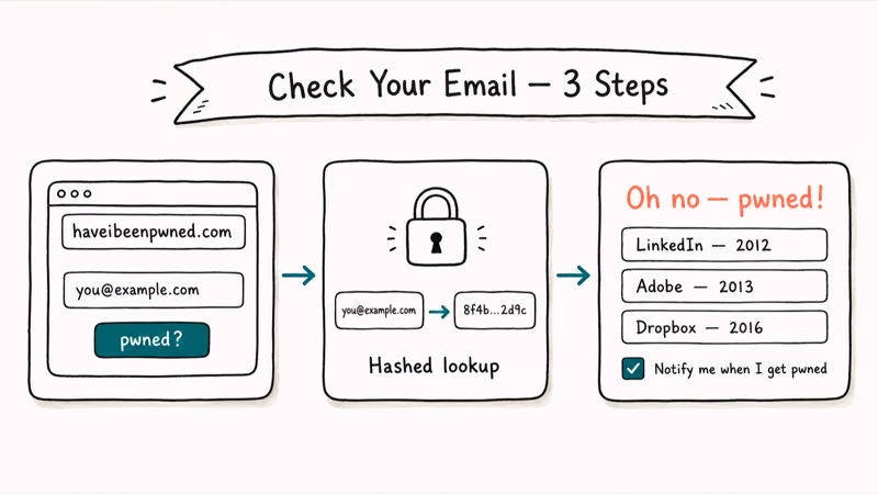 Hand-drawn workflow of entering an email into Have I Been Pwned and reading the breach result list.