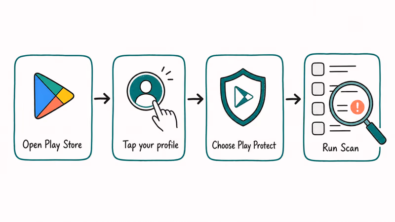 Flowchart of running a Google Play Protect malware scan from the Play Store