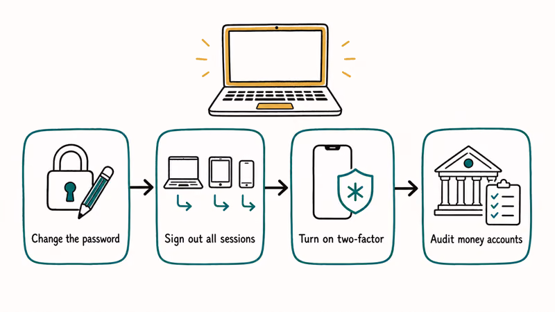 Flowchart of four account security steps to run from a clean trusted device