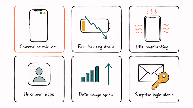 Infographic grid of common warning signs that a phone has been compromised