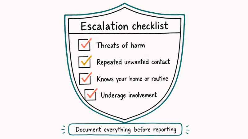 Shield checklist with escalation signals threats repeated contact location knowledge and underage involvement listed.