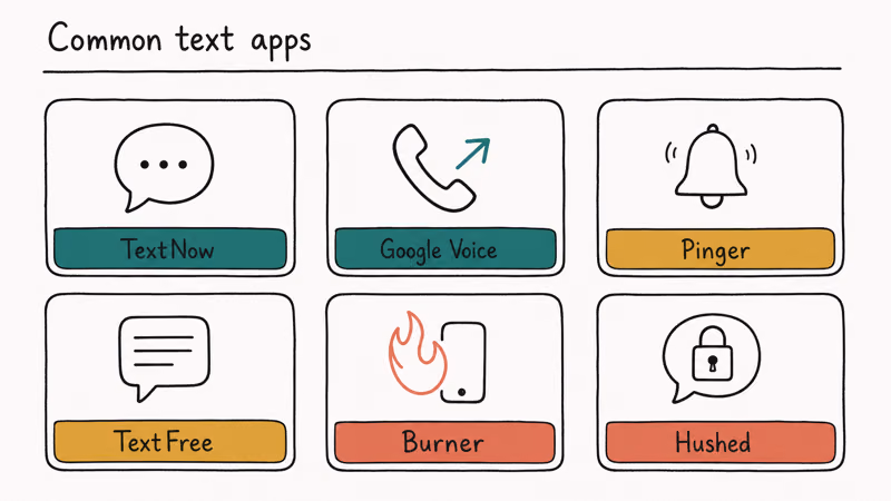 Six card grid of common anonymous text apps TextNow Google Voice Pinger TextFree Burner and Hushed.