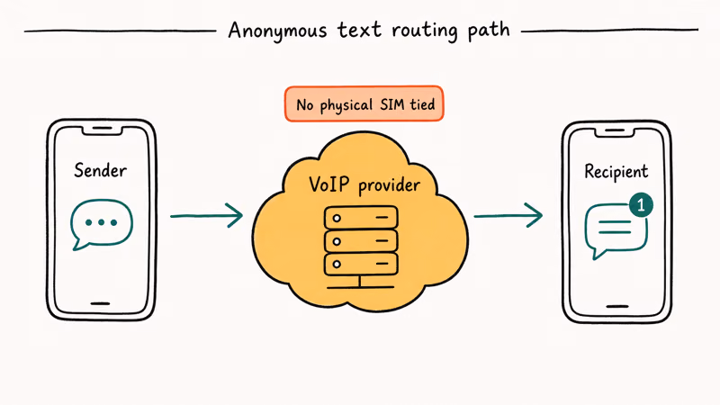 Diagram showing sender phone routing through VoIP provider cloud to recipient phone without physical SIM tied.