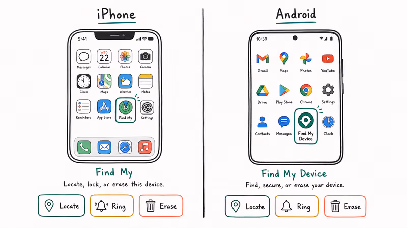 Hand-drawn split comparing Find My on iPhone and Find Hub on Android with locate ring and erase