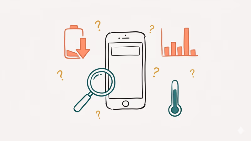 Phone surrounded by warning signs including battery drain and data spikes