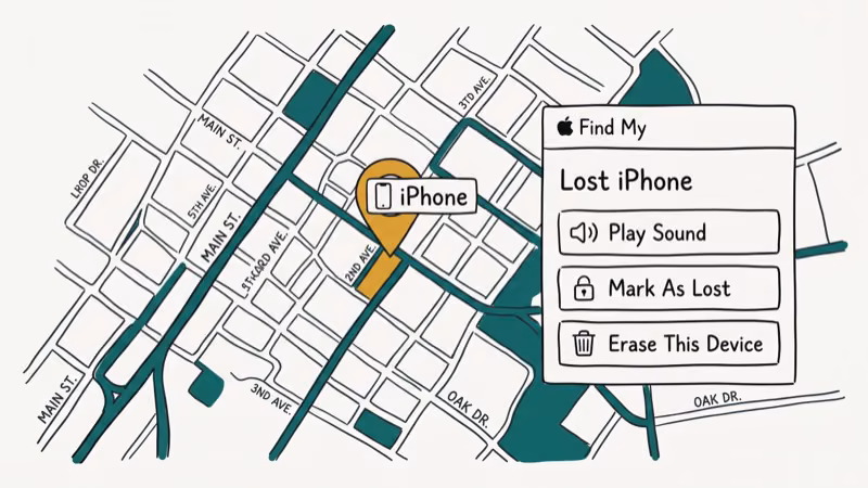 Map view with amber location pin marking a lost iPhone's position in the iCloud Find My interface