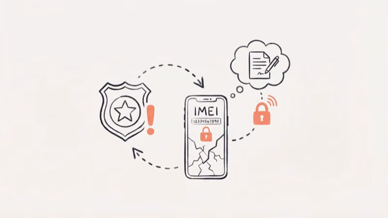 Police badge icon next to a phone showing IMEI number and lock icon representing stolen device reporting